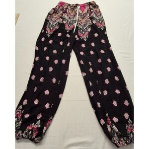 Urban Coco Pants Women's M black pink floral boho lightweight flowy harem jogger